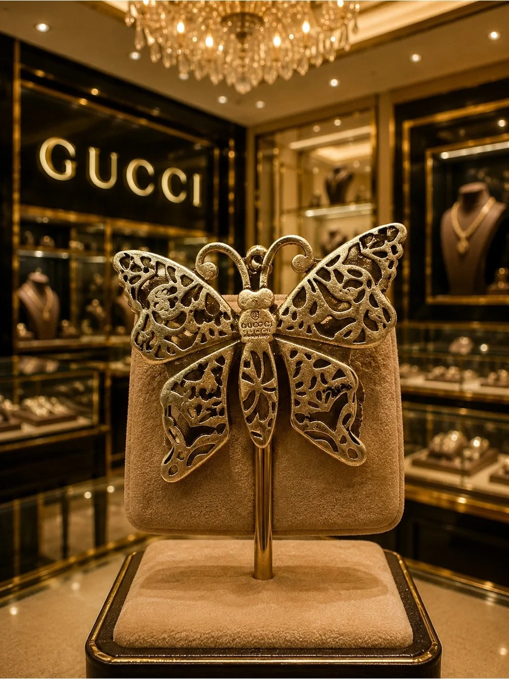 Gucci Gold-Tone Multistone Butterfly pendant with Blue Accent. From 2016 to 2918